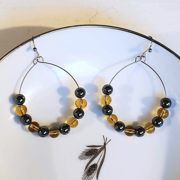 Hematite Stone Yellow Orange Glass Beads Teardrop Hoop Stainless Steel Earrings - Picture 1 of 10